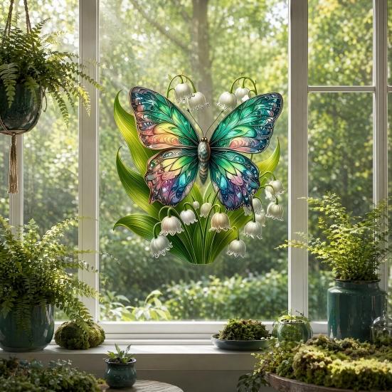 Flower Butterfly Design Window Sticker, Adhesion No Glue Waterproof Wall Decal for Living Room Bedroom Entrance Hall Home Decor