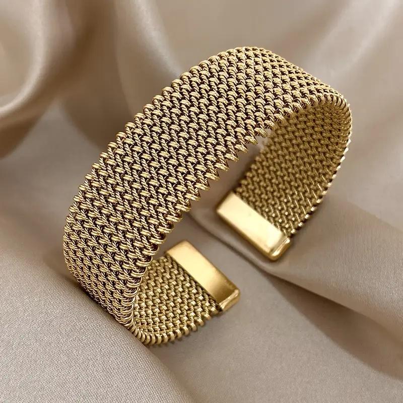 Vintage Stainless Steel Mesh Elegant Cuff Bangle for Women Trendy Stack Bangle Exquisite Jewelry for Brithday Gifts