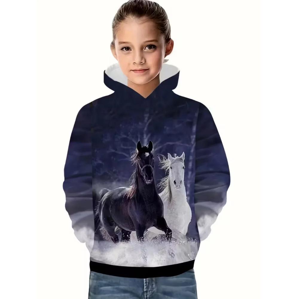 Autumn 3D Horse Printed Hoodies Fashionable Casual Sports Cool Long Sleeved Children's Girl Hooded Sweatshirts