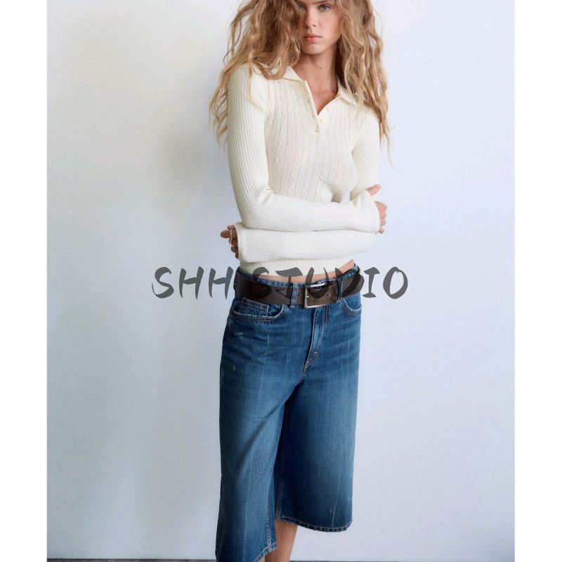 Summer New Women clothes Rib and Eight-Strand Woven Patchwork Polo Shirt Simple Long sleeve Top 5644302