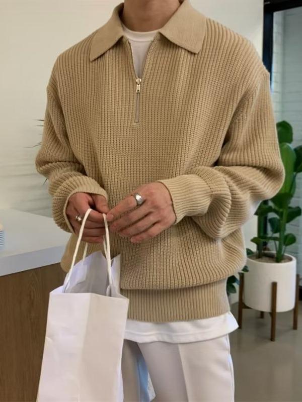 Men's Retro Half-Zip Turn-Down Collar Sweater, Autumn/Winter Style, Loose Casual Knitwear.