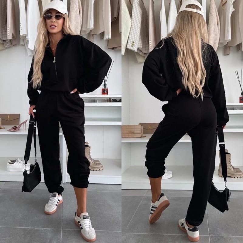 Womens 2-Piece Casual Tracksuit Solid Color Long Sleeve Zip Sweatshirt Elastic Waist Pants Streetwear