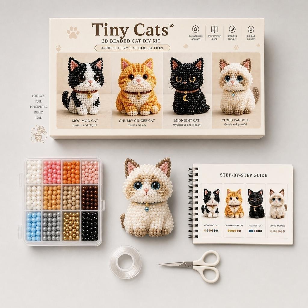 3D Beaded Animal Kit Tiny Cats DIY Craft Set Includes Four Cat Figures with Beads and Tools for Detailed Handmade Decoration
