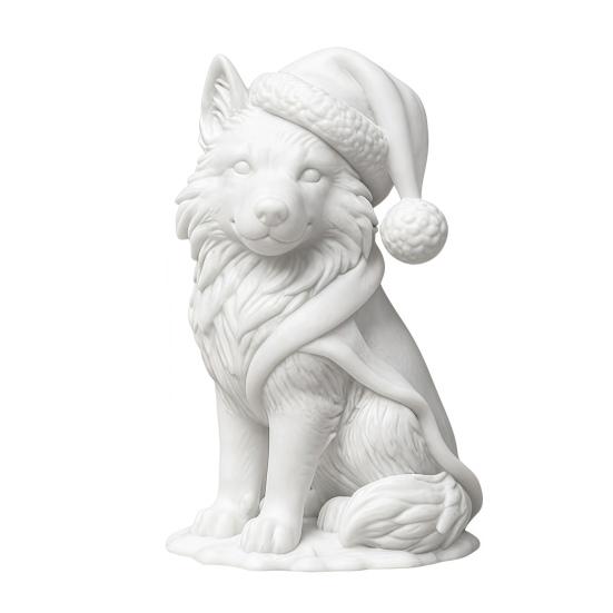 Creative Christmas Gift 3D Printed Wolf Figurine, Cute Animal Statue with Santa Figurine Hat And Scarf for Tabletop, Mantel Shelf Home Office