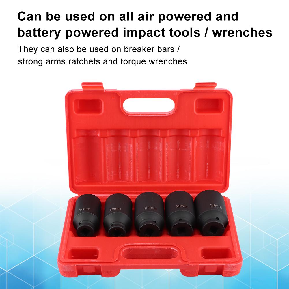 Zestawy 5 szt. nasadek 12-kątnych do nakrętek piast osi, głębokie, udarowe, metryczne, na klucz zapadkowy 1/2 cala