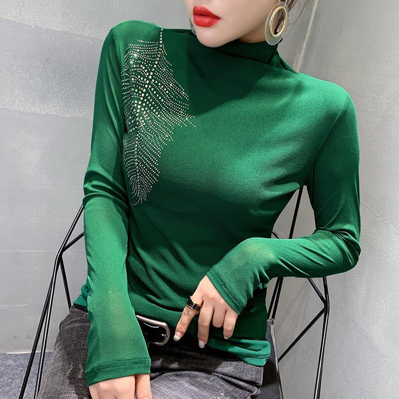 

Европейский стиль, облегающая футболка из сетки с высоким воротом и стразами (2022) Женская мода с длинным рукавом S