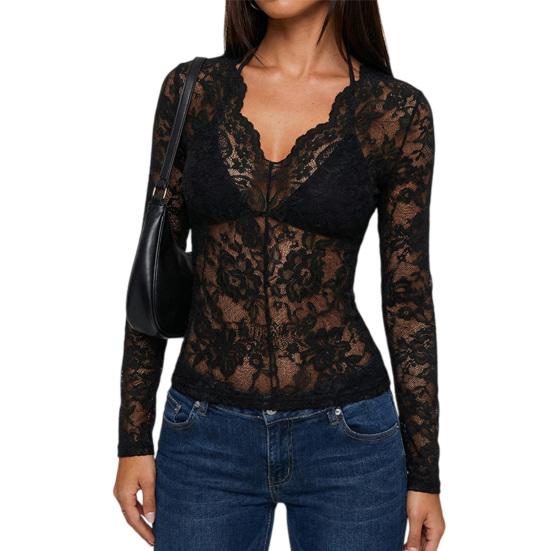 

Жіночі топи з V-подібним вирізом, довгим рукавом, з ажурною вишивкою, мереживний дизайн, пуловери, однотонні, приталені, з сітчастими деталями, блузи, для повсякденного носіння L чорний