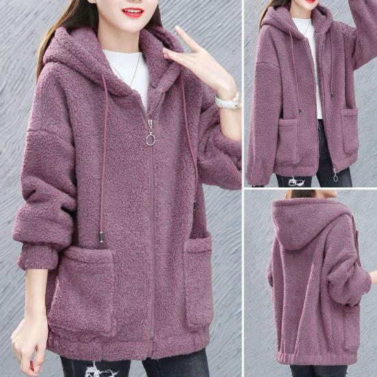 Palton pentru femei Gros, culoare solidă, buzunare, mâneci lungi, lejer, cald, pluș, fermoar, cardigan, jachetă de iarnă pentru exterior
