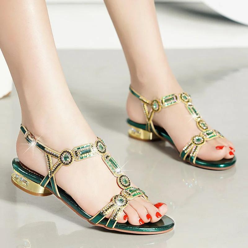 Fashion Women Comfortable Non-slip Flat Platform Shoes Rhinestone Sandals T-strap Square Low-heeled Leisure Sandals Party Shoes