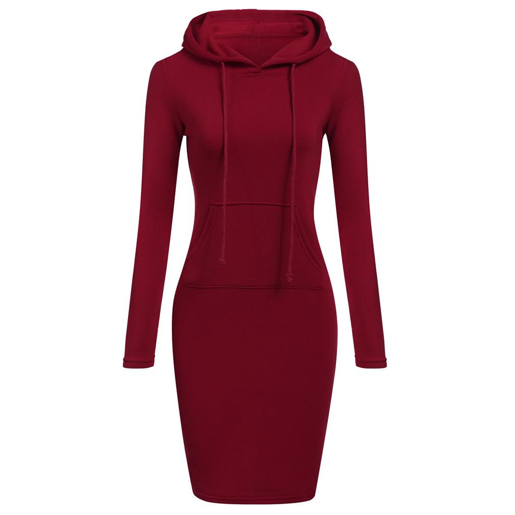 Women Casual Dress Long Sleeve Hooded Jumper Pockets Sweater Tops