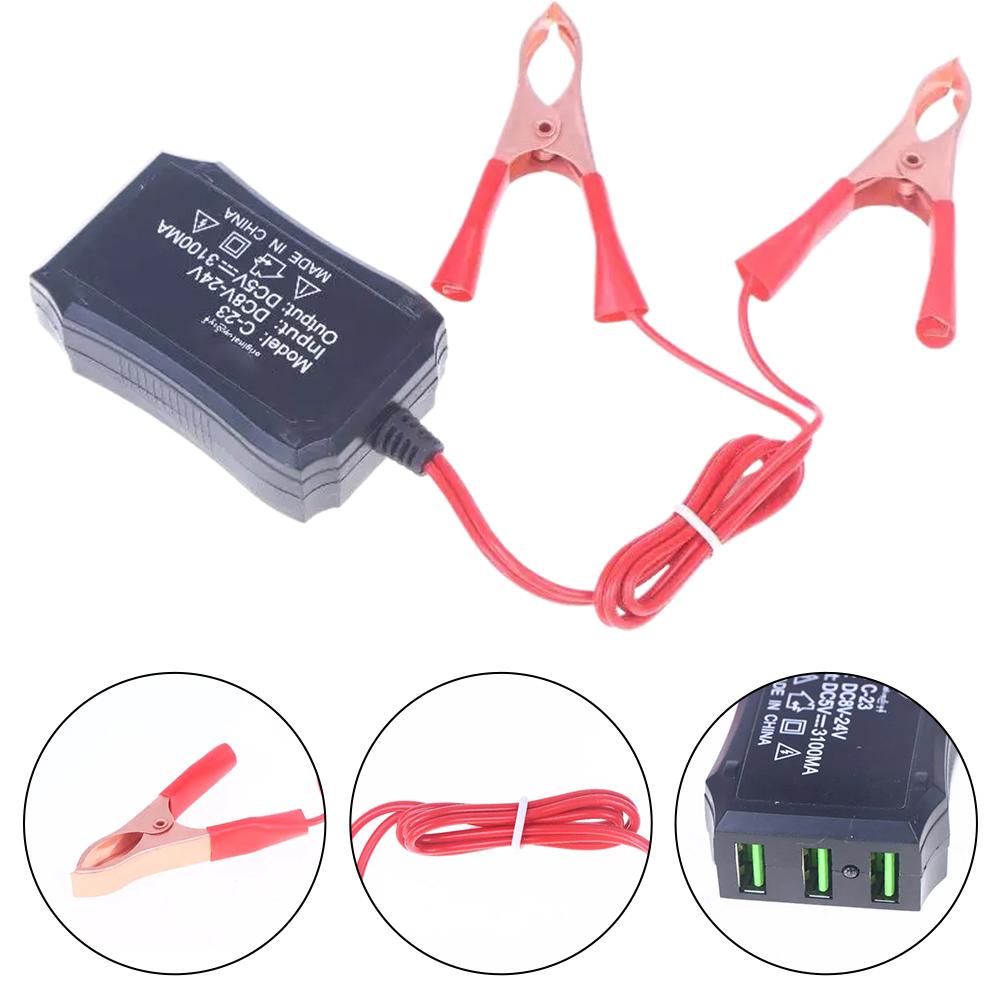 12V 24V To 5V 3USB Port Power Adapter With Battery Clip For Charging Cell Phone Emergency USB Power High Efficiency Tool