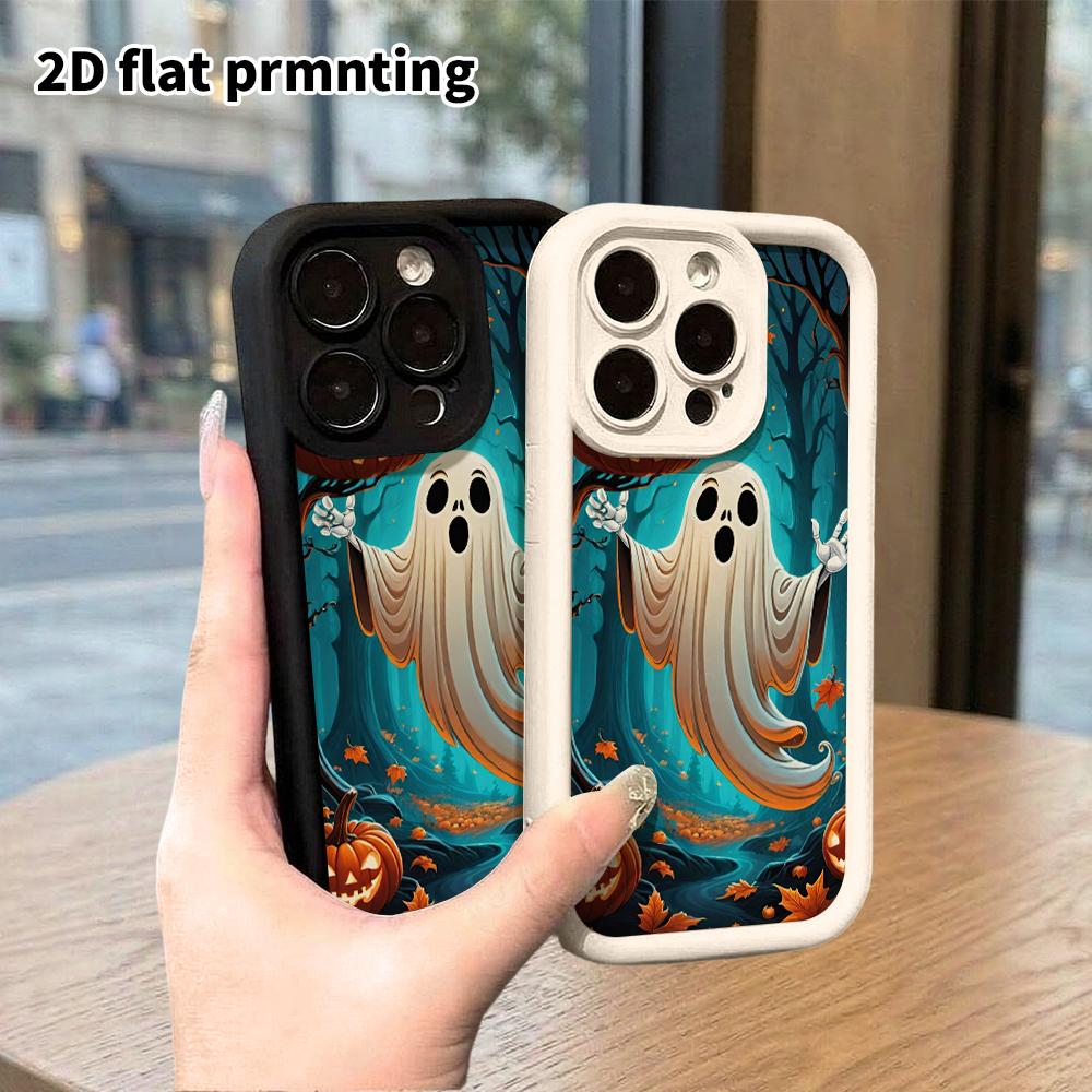 Phone Case: 2D Flat Design Suitable for iPhone 18 17 16 15 14 13 Pro Stepped Protective Case, Forest Quirky Ghost, Halloween Gift
