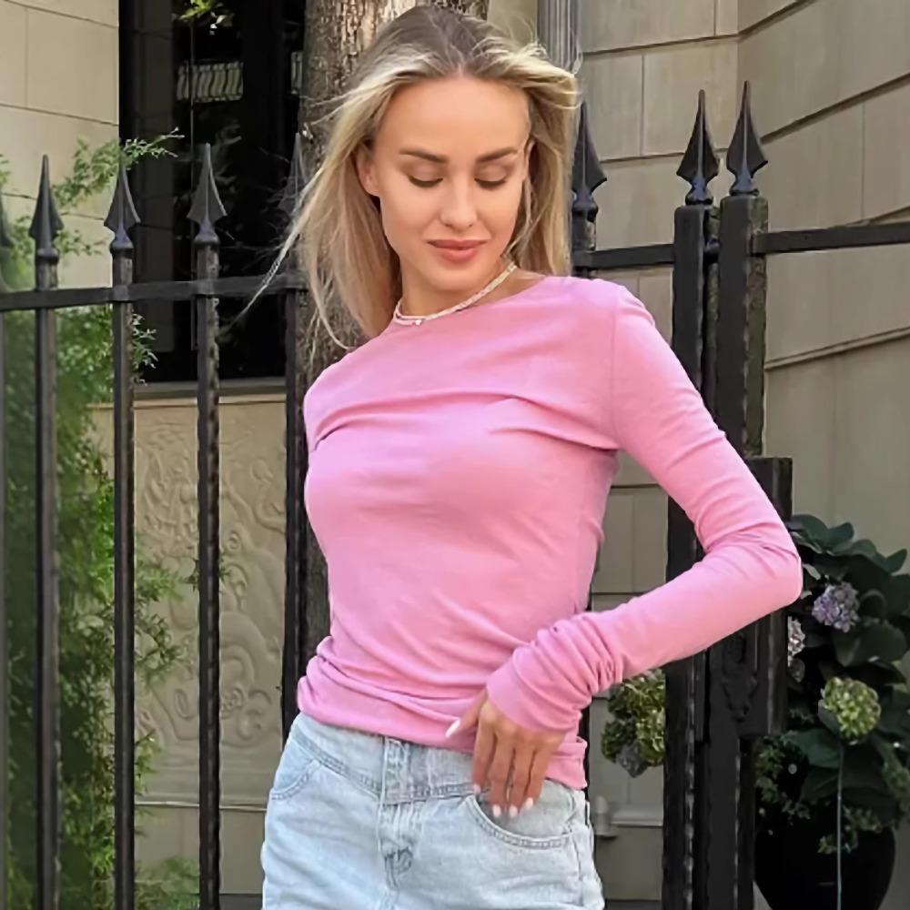 Women's Crew Neck Long Sleeve Fitted Tee Slim Fit Minimalist Style Polyester Cotton Solid Color Thin Sun Protection Top