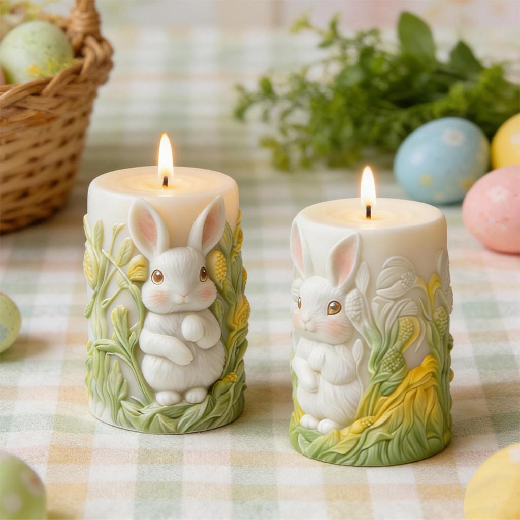 Easter 3D Rabbit Column Candle Mold Spring Easter Bunny Relief Silicone Crafting Mould Cylinder Making Candles Gypsum Crafts