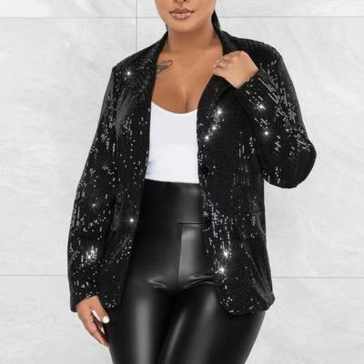 Damen Anzugmantel Revers Langarm Einreihig Anzugjacke mit Pattentaschen Glänzende Pailletten Lockere Passform Oberbekleidung