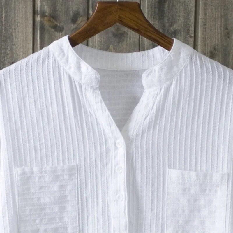 New Spring Summer Causal White Women Shirts V-neck Loose 100% Cotton Office Lady Elegant Double Pocket Blouse Shirts Tops