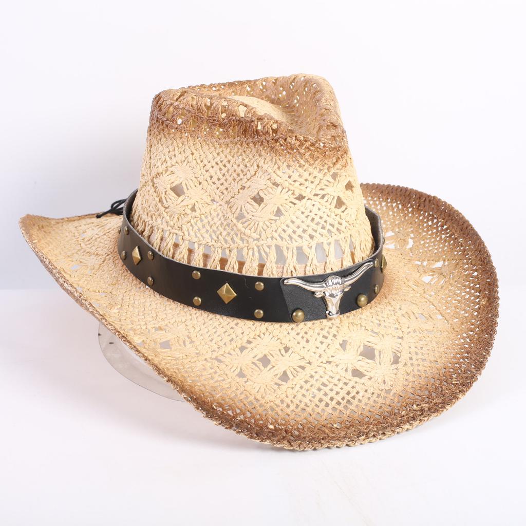 Popular European and American Fashion Hollow Woven Hat Straw Hat Men's and Women's Classic Outdoor Western Denim Straw Hat