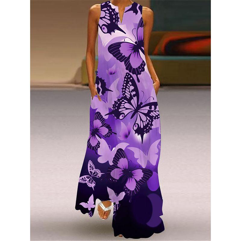 Butterfly Pattern 3D Printed V-neck Sleeveless Dress Stage Show Women's Clothing Travel Photo Vacation Style Beach Dress