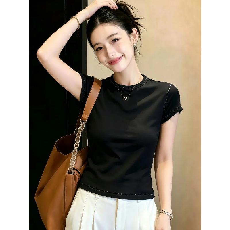 Women's White Contrast Stitching Round Neck Slim Short Sleeve T-shirt
