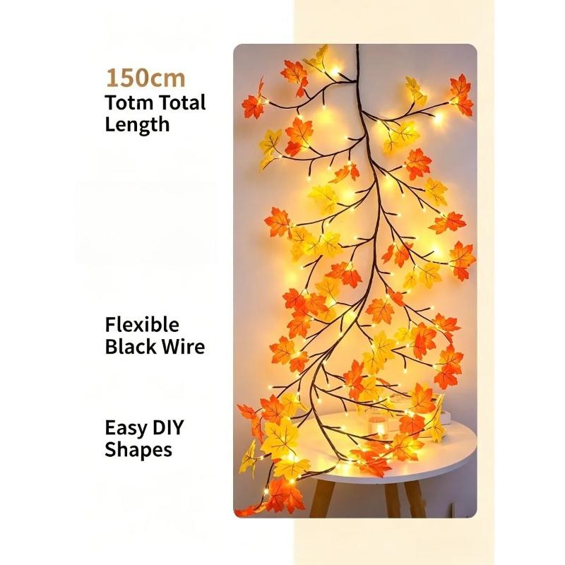 Fall Maple Leaf Vine Lights 48 Warm White USB Bendable Artificial Autumn Garland For Wall Bedroom Thanksgiving Home Decor