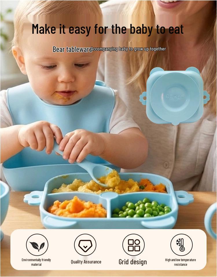 11-Piece Children's Silicone Bear Feeding Set: Food-Grade Bib, Bowl, Straw Cup & Tableware