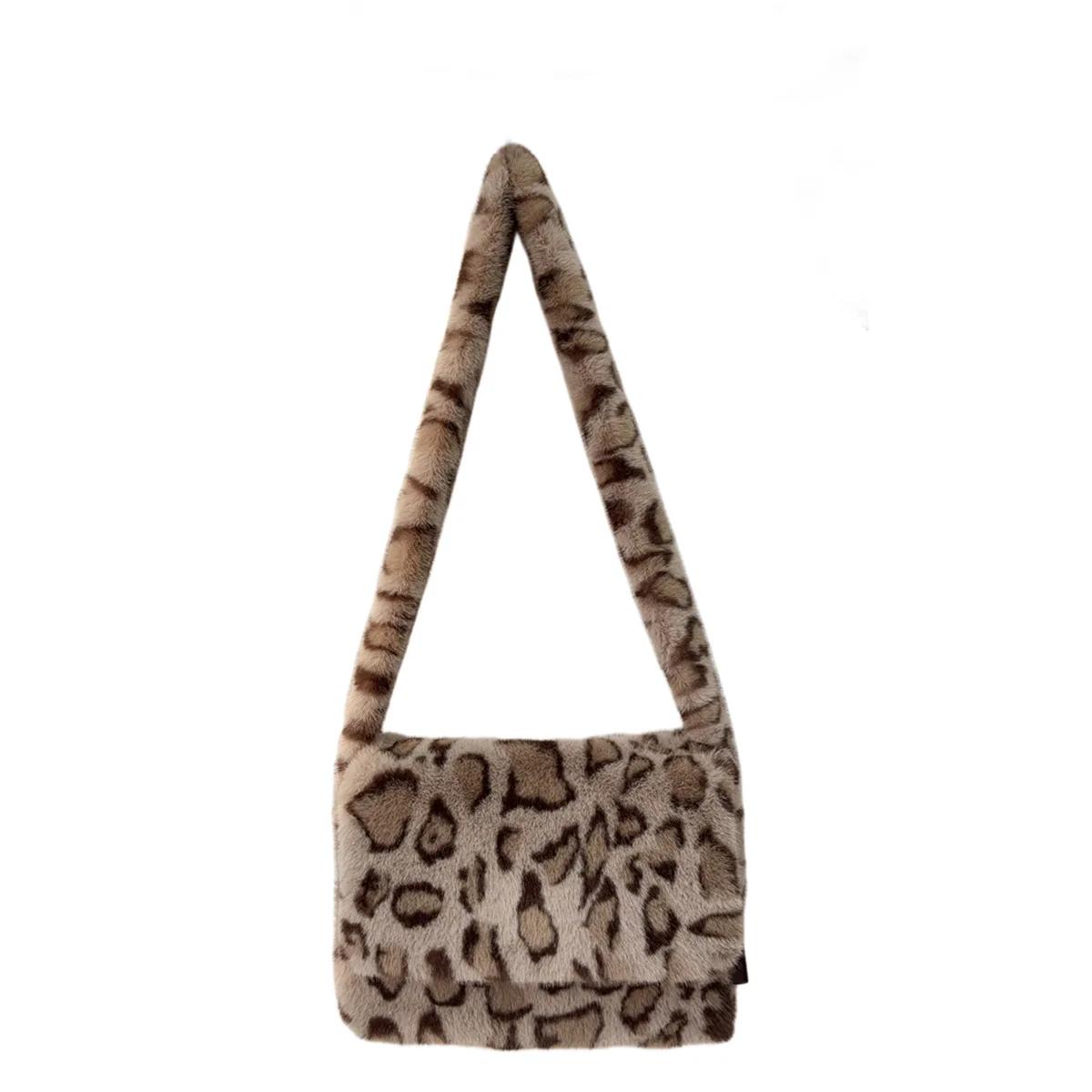 

Faux Fur Leopard Print Messenger Bags for Women Vintage Soft Plush Ladies Shoulder Bag Large Capacity Female Furry Handbags абрикосовый
