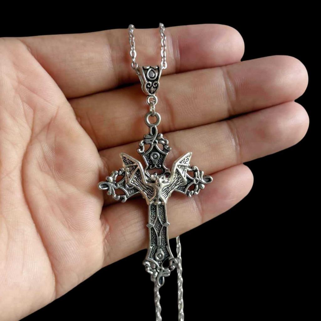 Baroque Bat Pendant Necklace, Gothic Cross Pendant, Vintage Bohemian Necklace, 80s Style Jewelry
