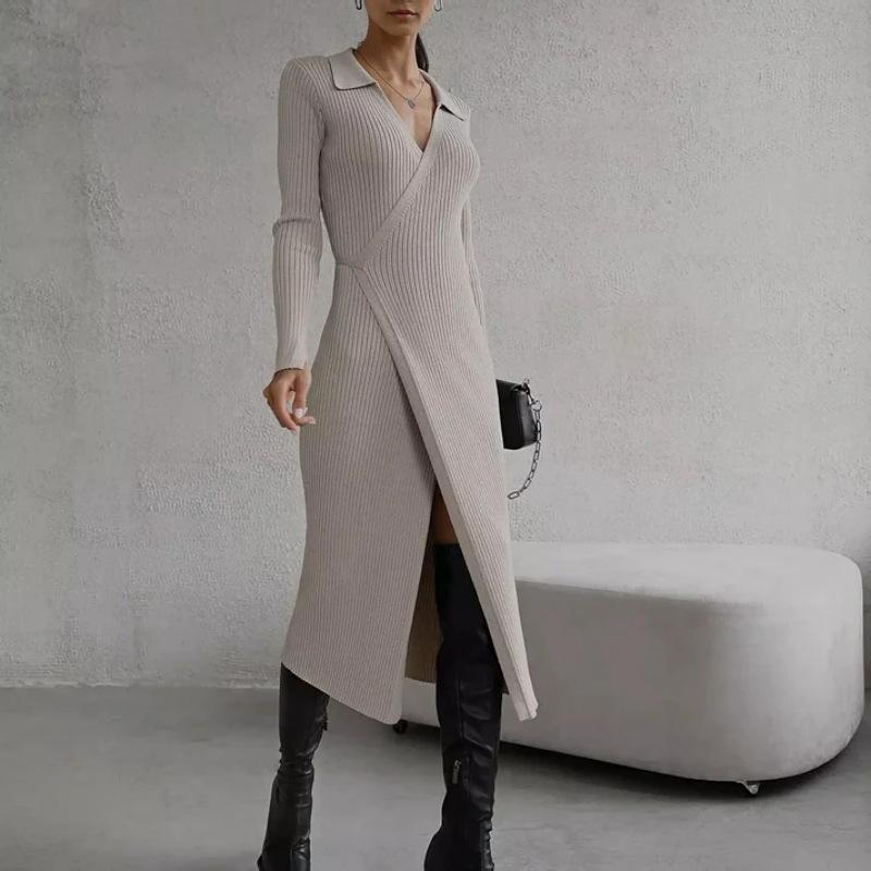 2026 spring new European and American Hepburn style sweater skirt women's lace-up long-sleeved solid color slim-fit dress women