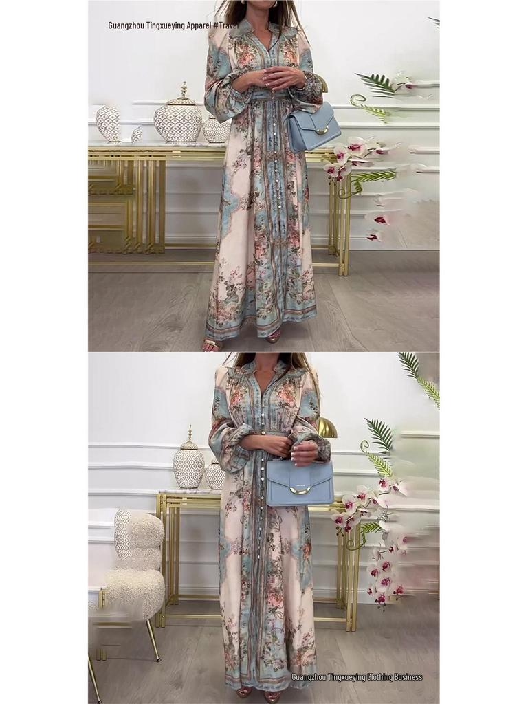 Retro European & American Women's Long Sleeve Spring Dress with Waist-Cinching, Big Hem, and Printed Design.