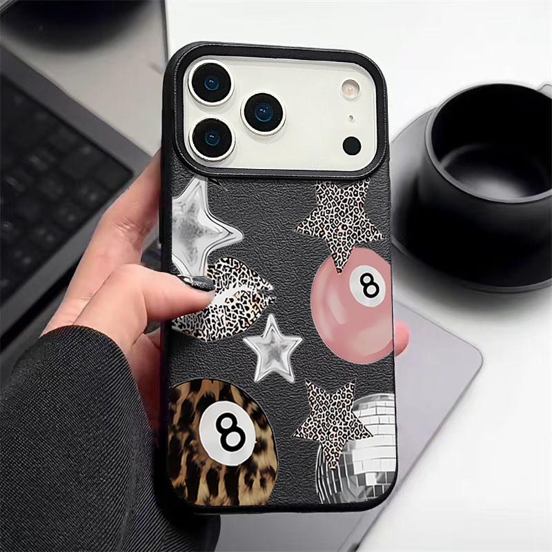 Vintage Leopard Print Stars Billiards Case For iPhone 17 Pro Max iPhone 16 Pro Max 15 14 13 12 11 16E Air Luxury Leather Texture Silicone Cover
