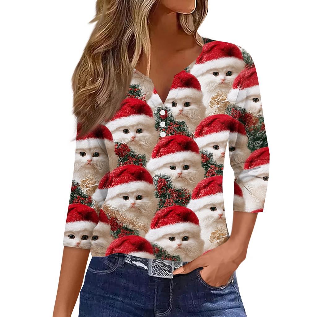 Damenmode Lässig Halloween Bedruckt V-Ausschnitt Kurzarm Zierknopf Dreiviertelarm T-Shirt Top