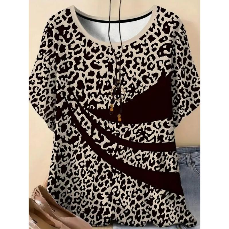 Fashion Women's Crew Neck T-shirt 3D Color Printing Crew Neck Short Sleeve Simple and Versatile