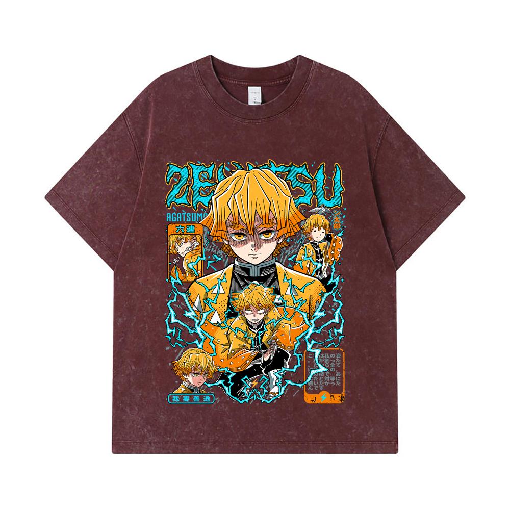 275 GSM Gewaschene T-Shirts 100% Baumwolle Demon Slayer V100 Zenitsu Print Unisex Schweres Baumwoll-T-Shirt
