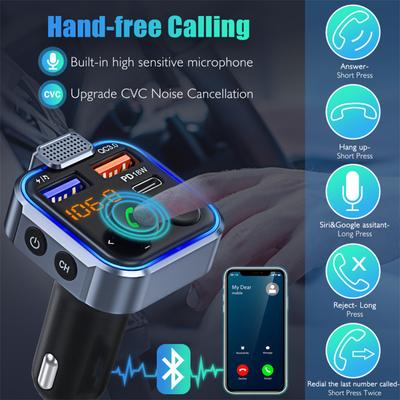 Transmissor FM Bluetooth 5.0 Kit mãos livres para carro Mp3 Player com Tipo-c Pd 20w Qc3.0 Rápido