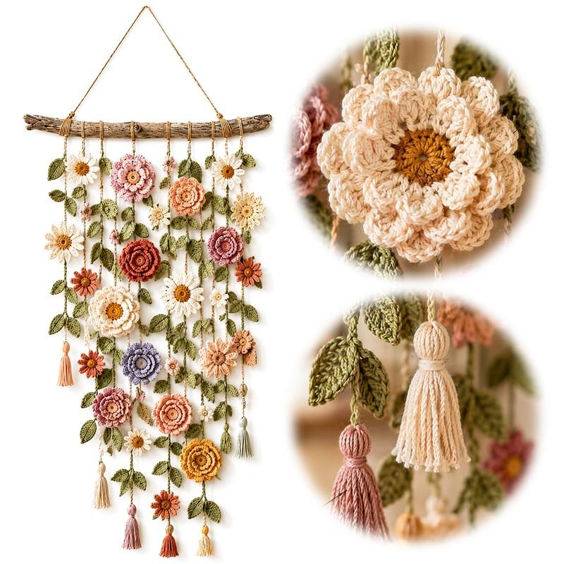Handmade Cotton Floral Crochet Macrame Hanging Soft Artisan Wall Piece Boho Farmhouse Indoor Wall Art Ornament for Home Room