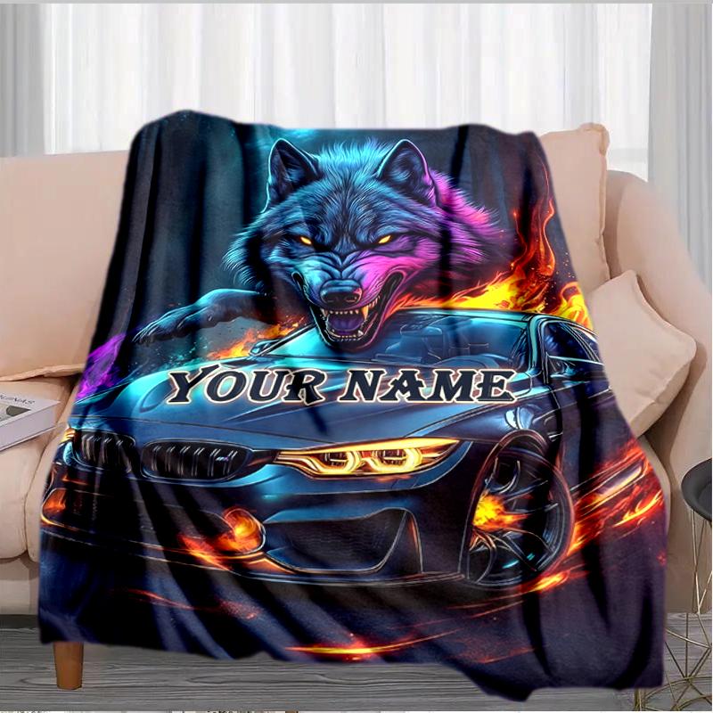 1PC Custom Name Wolf Car Spirit" flannel blanket versatile,all-season throw suitable for the living room,bedroom,camping,travel,and gift