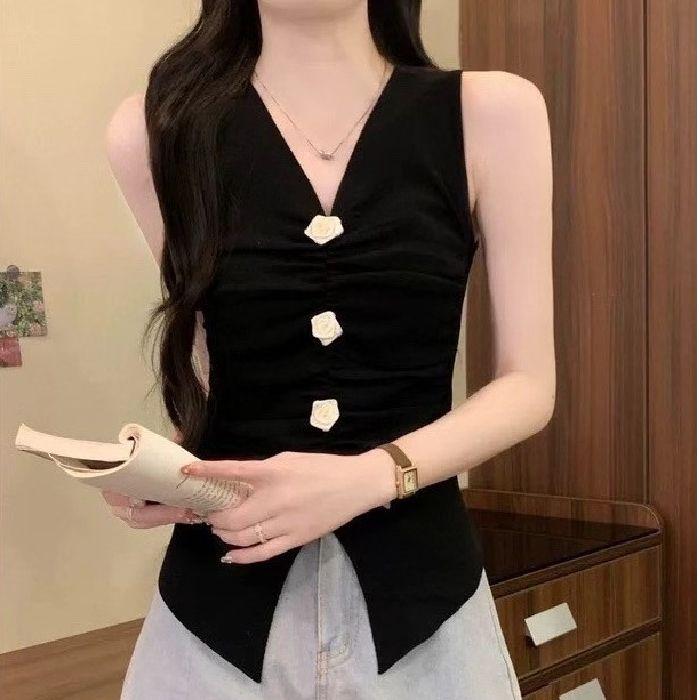 V-Ausschnitt Dreidimensionale Blume Ärmellose Weste Eine Kurze Sommerbluse für Frauen Ein Süßes und Sexy Figurbetontes Oberteil