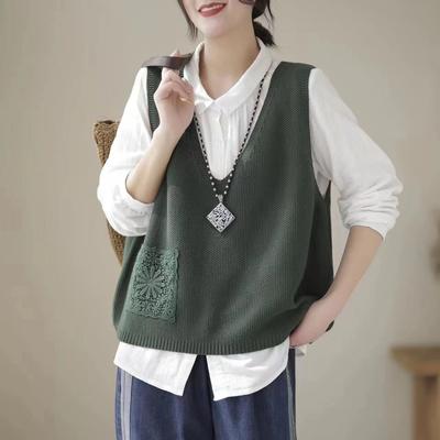 Women's Retro Artistic V-Neck Knitted Vest Coat for Autumn Hollow-Out H-Shape Slim-Fitting Gilet