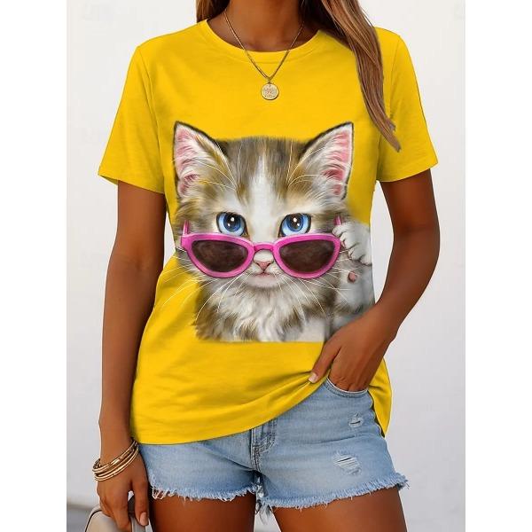 Summer Round Neck Cute Cat Pattern 3D Print Top Fashionable Casual Short Sleeved Women's T-shirts
