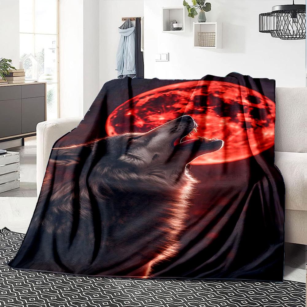1pc Wolf Howling Moon Throw Blanket Soft Flannel, Cozy All Season Polyester Perfect for Home, Office