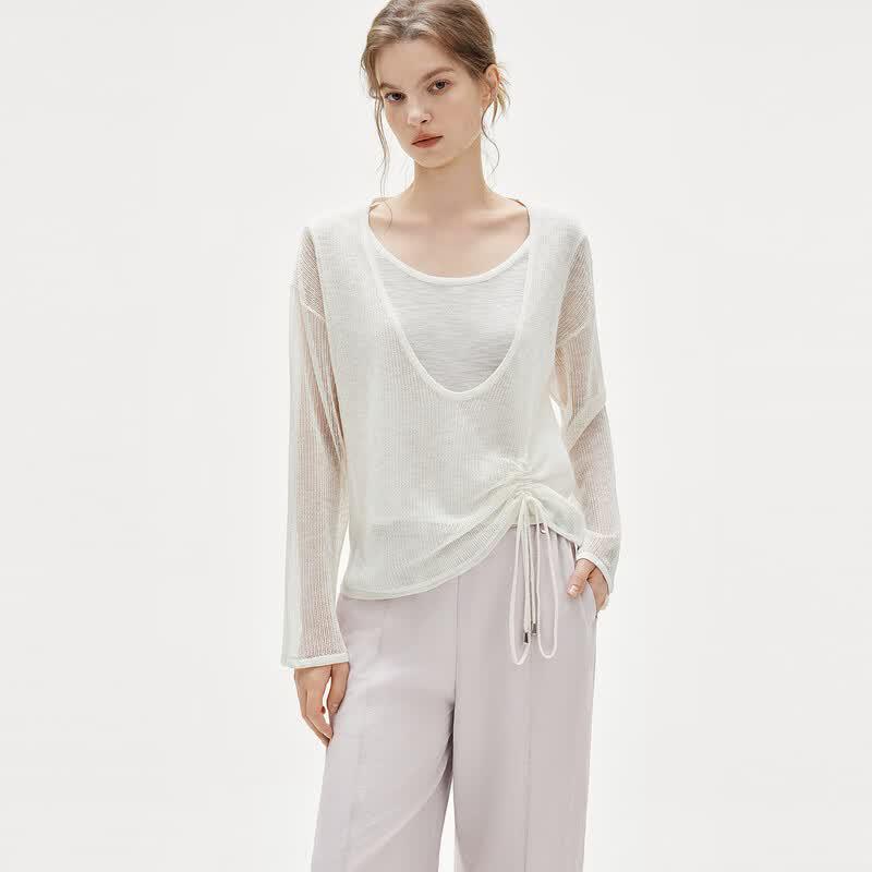 ELLE Women's Faux Two-Piece Hollow Knit Top