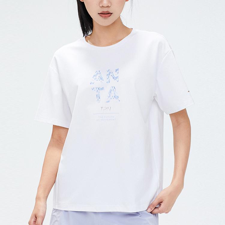 Anta Training Series Logo Letter Round Neck Loose Short Sleeve T-Shirt Women T-Shirt Pure-White 162337139-3