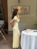 Slim-fit short-sleeved knitted pleated long dress solid color temperament V-neck knitted split-ended dress