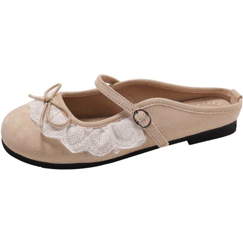 Fashion Lace Lace Bow Flat Semi-drag Spring and Summer New Round Toe Shallow Mouth Soft Sole Anti-slip Wear-resistant Slippers