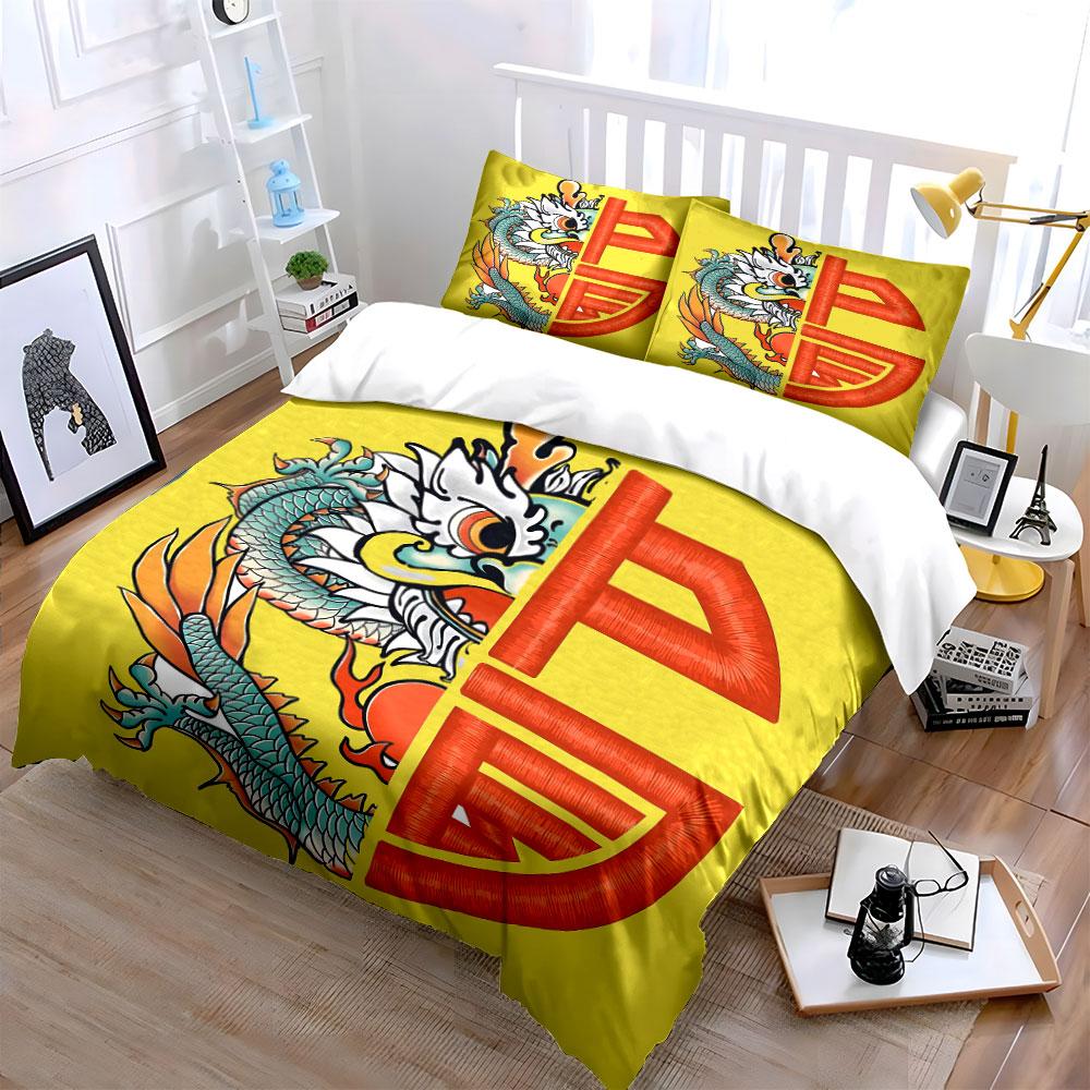 3Pcs Half Dragon Chinese Fu Character Duvet Cover Set, Yellow Base New Year Lucky Bedding Single Double King Queen, Gift