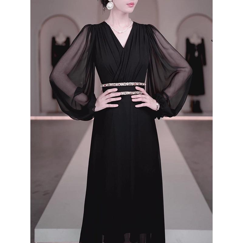 Elegant Designer Black Sequin Plus Size Mid-Length Dress - 2025 Spring/Summer Slimming Fashion 2XL 126-135cm чёрный