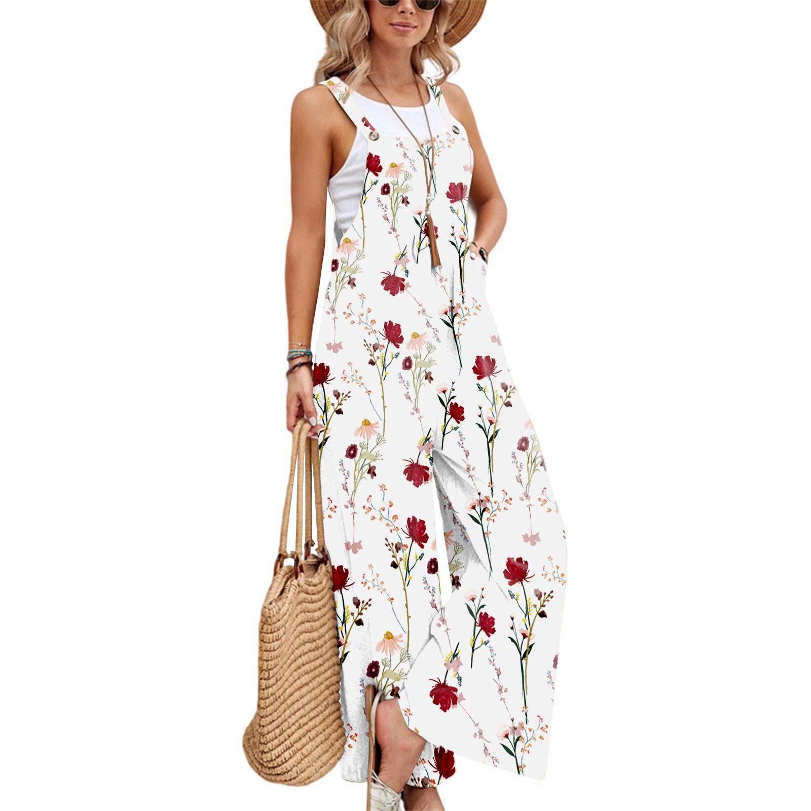 

Женский повседневный свободный комбинезон без рукавов с принтом, комбинезон с квадратным вырезом, широкими штанинами и карманами L белый