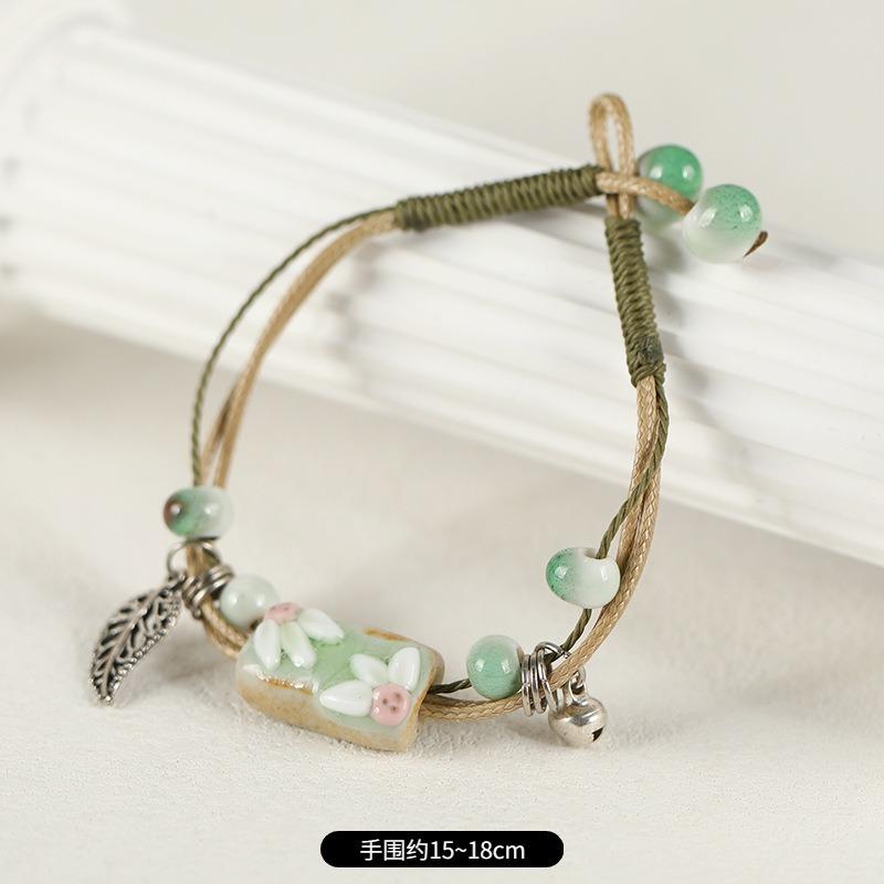 Retro ceramic flower woven bracelet niche literary hand rope small fresh bell bracelet female