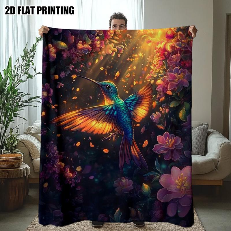 Pink Blue Hummingbird Watercolor Floral Garden Flannel Blanket Soft Cozy Throw for Sofa Bed Living Room Decor