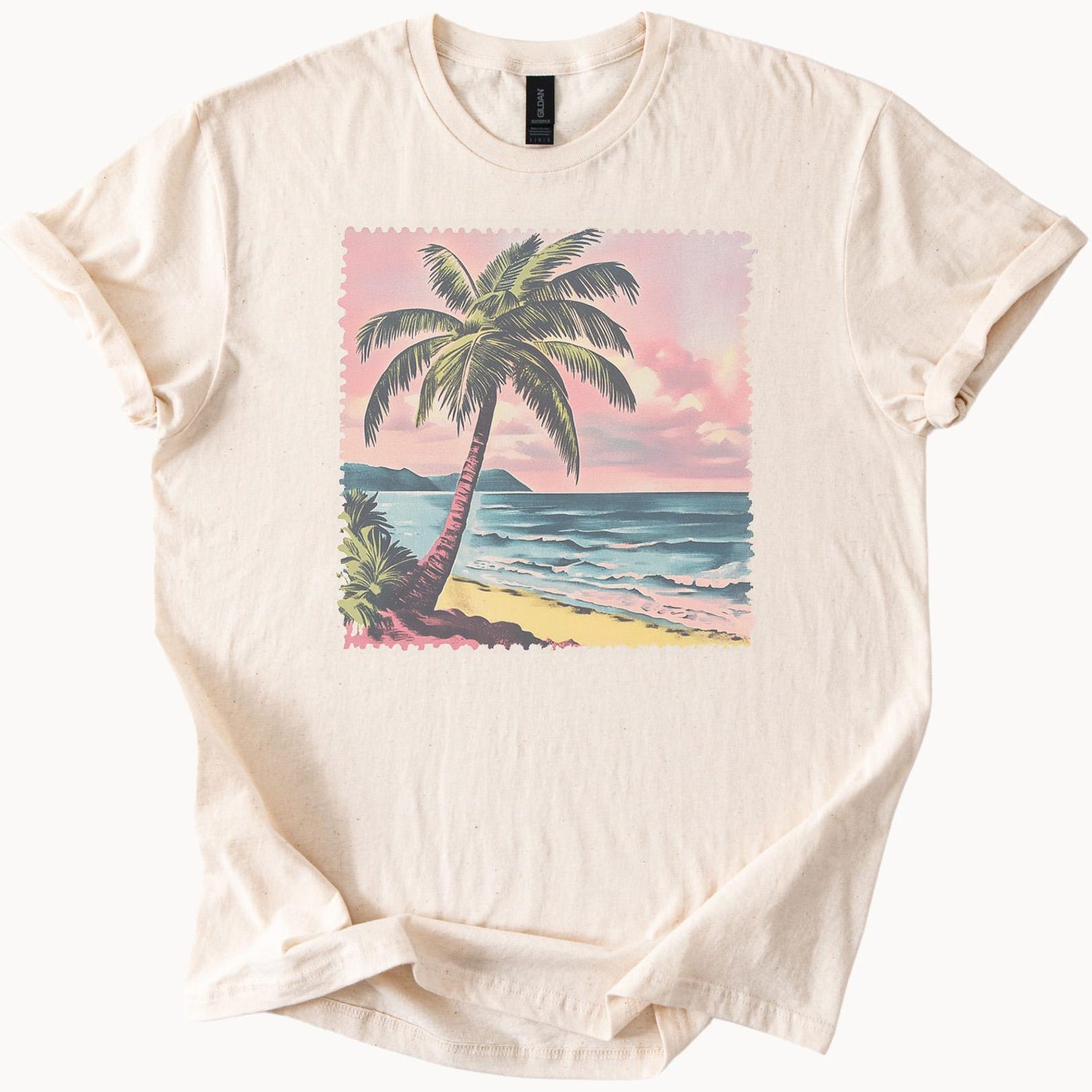 Palm Tree Beach Sunset Graphic T Shirt Ocean Waves Tropical Island Art Summer Coastal Aesthetic Soft Cream Tee Relaxed Fit Shirt 100